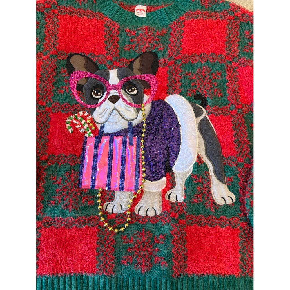Holiday Time French Bulldog Christmas Sweater Red Green Plaid Eyelash Medium